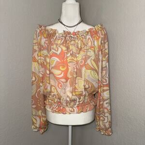 June & Hudson Blouse Womens 1x Multi Floral Puff Sleeve Off-Shoulder Smocked Hem